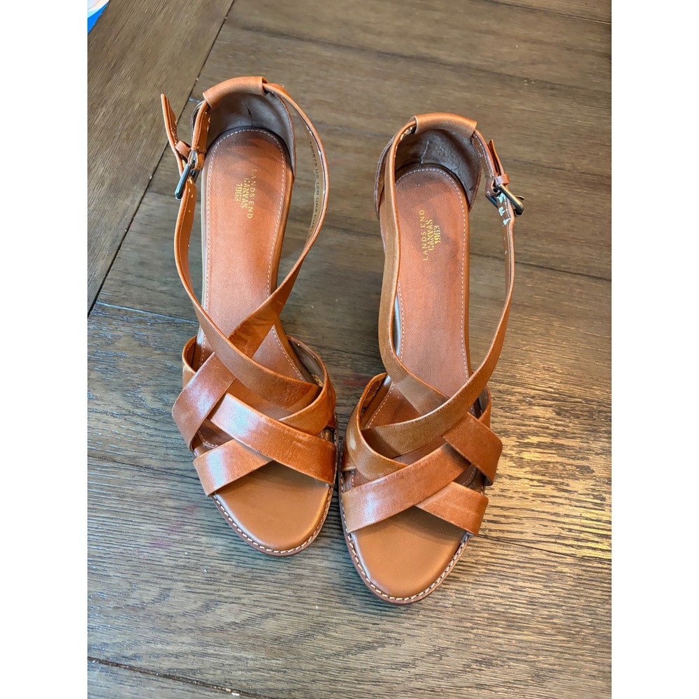 Lands' End Canvas Sandals Women 10B Brown Leather Strappy Block Heel 400679